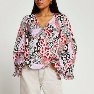 Mixed Animal Print Long Flare Sleeve Top